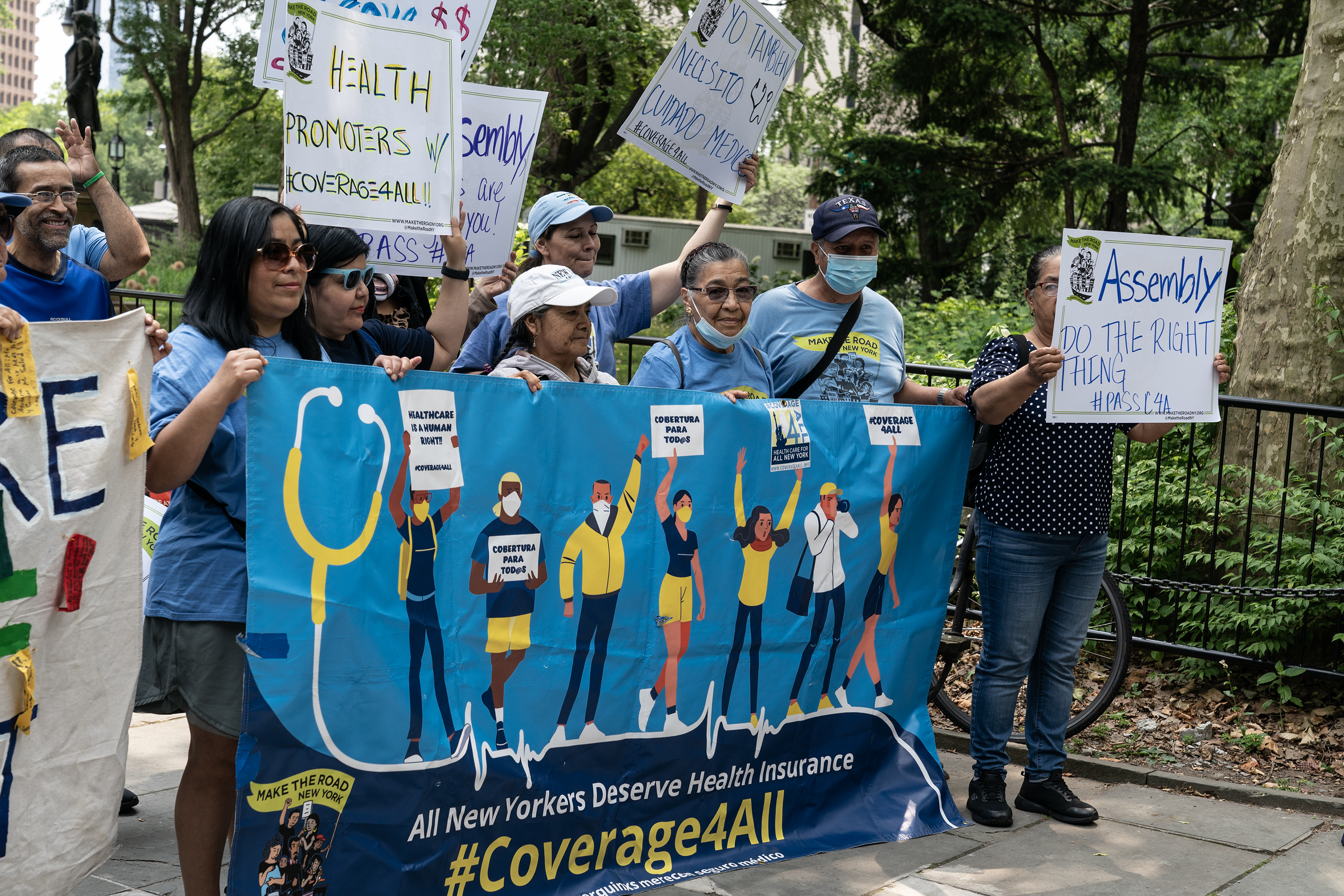 In June of last year, supporters rally to urge the State Assembly to pass Coverage for All legislation at City Hall Park.