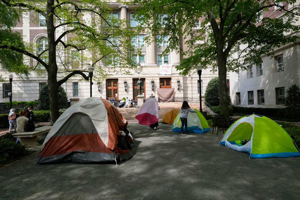 Student protesters occupy tents outside Hamilton Hall on Columbia University's campus on April 30, 2024.