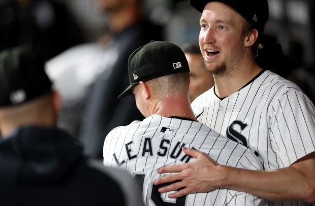 White Sox reliever Jordan Leasure and starter Erick Fedde celebrate after Leasure got out of a jam to end a scoreless seventh inning against the Guardians on May 9, 2024, at Guaranteed Rate Field. (Chris Sweda/Chicago Tribune)