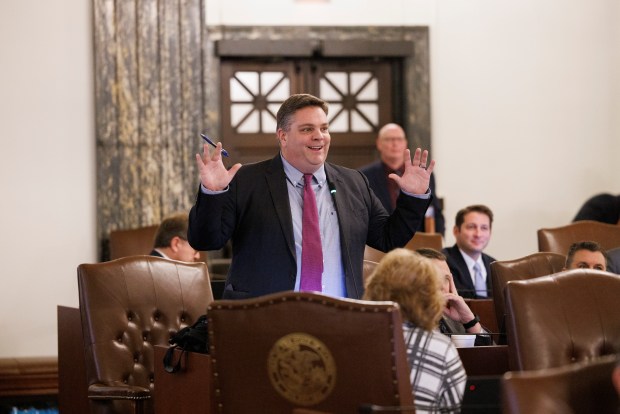 State Sen. Chapin Rose debates with members of the Senate shortly before the Senate passed changes to the controversial criminal justice law known as the SAFE-T Act at the Illinois state Capitol building on Dec. 1, 2022 in Springfield. (Armando L. Sanchez/Chicago Tribune)