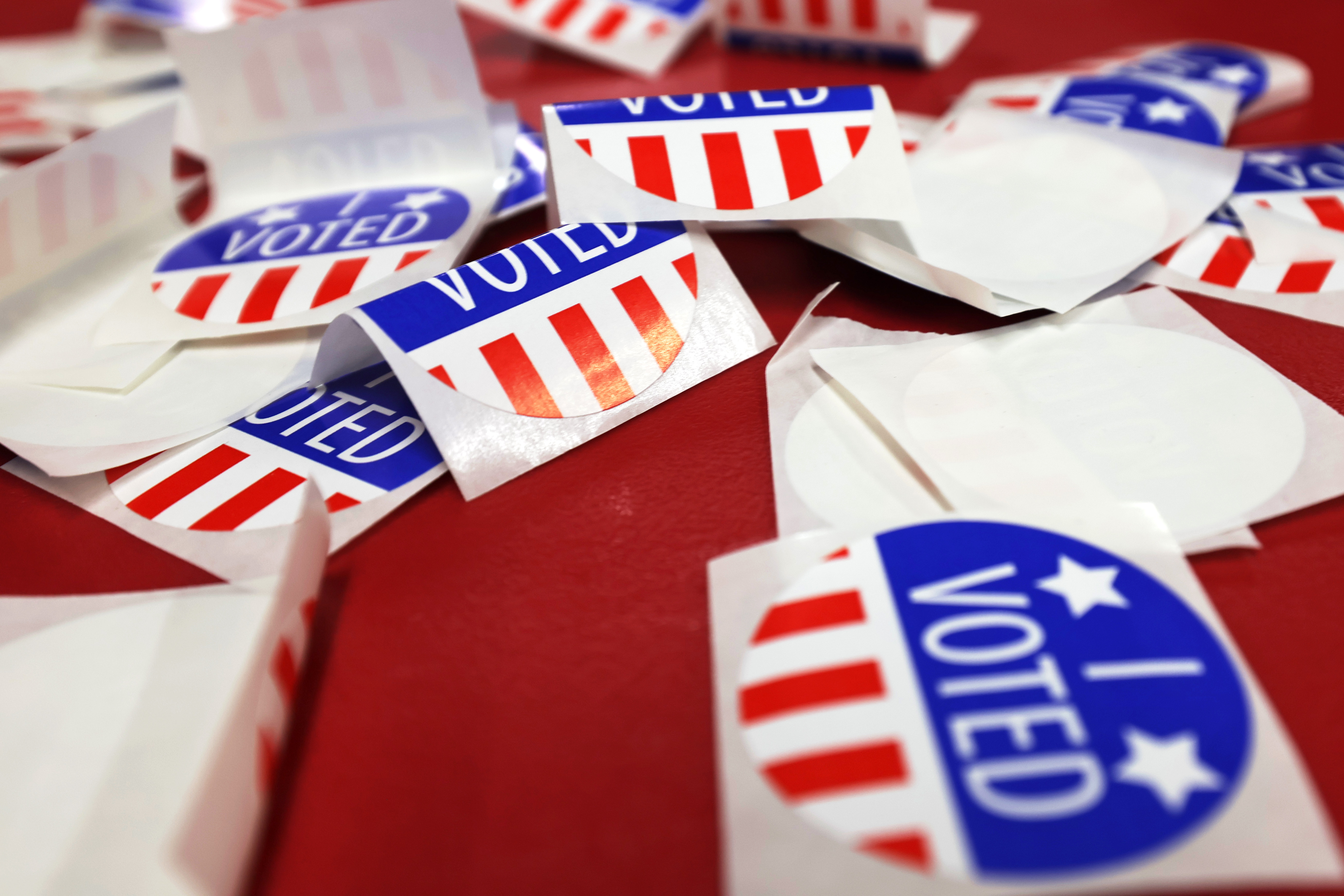 "I Voted" stickers are seen on a table during the 2022 primary election in Hoboken, New Jersey.