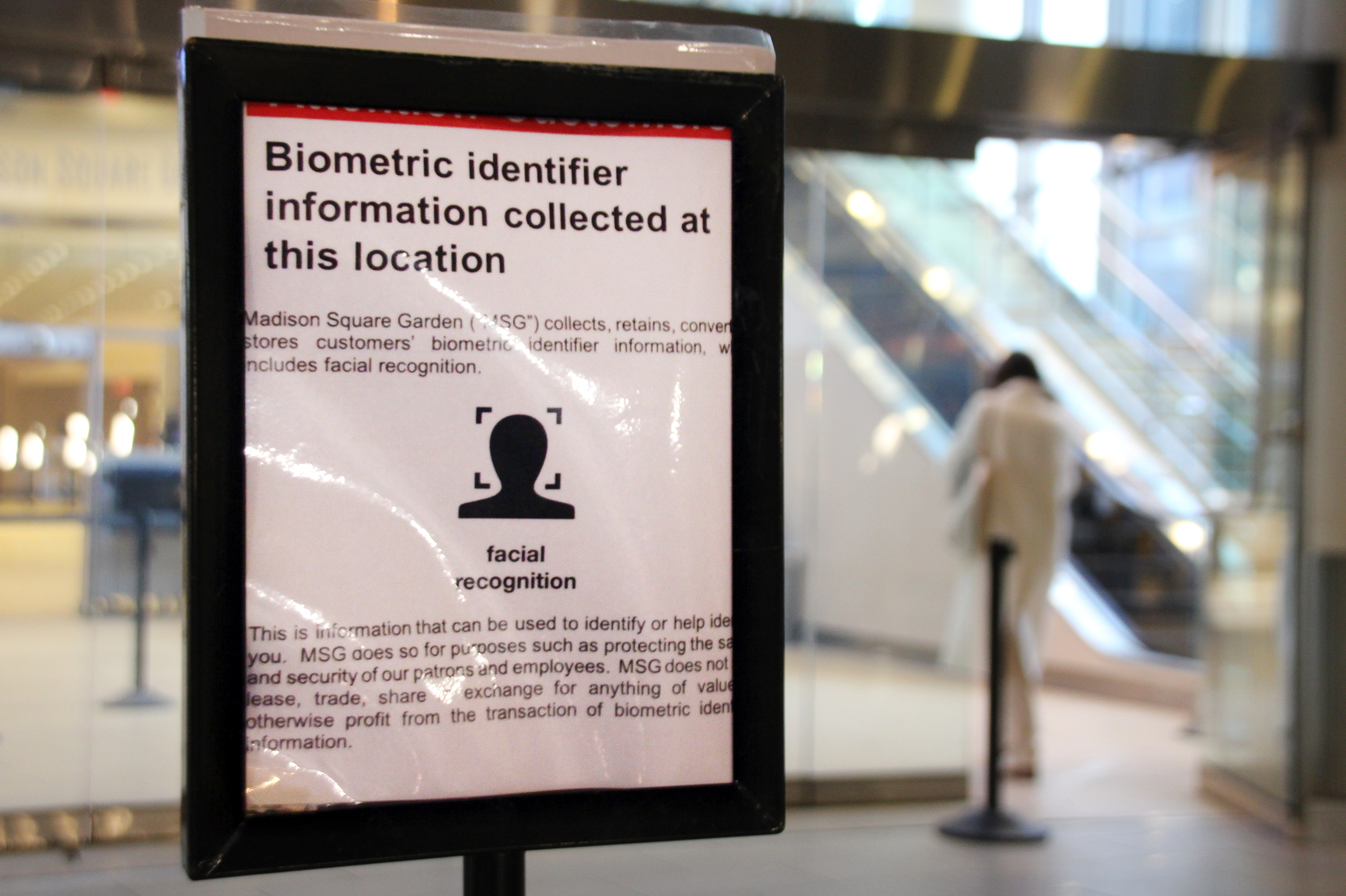 A sign indicating facial recognition is in use at Madison Square Garden.