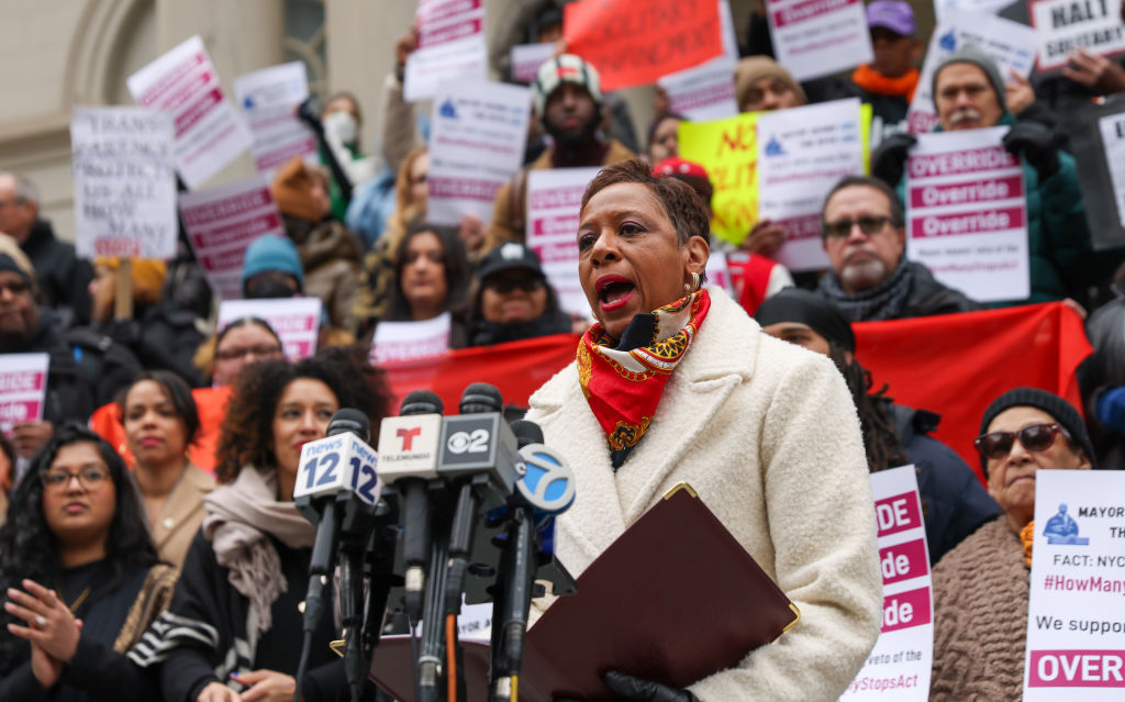 New York City Council Speaker Adrienne Adams speaks at a rally in support of the "How Many Stops Act" requiring NYPD officers to disclose low-level stops, in front of City Hall on January 30, 2024.