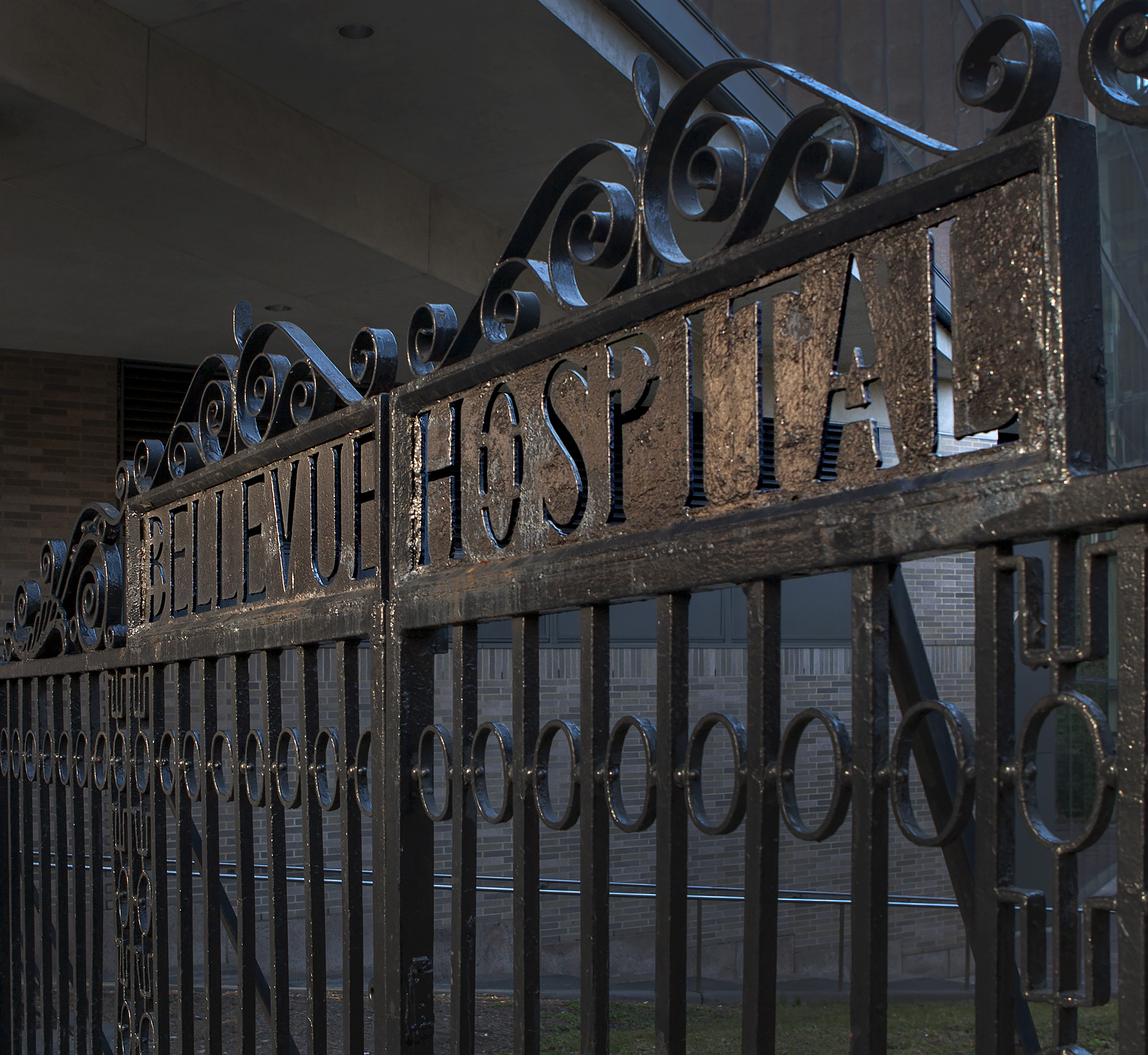 The entrance gate to Bellevue Hospital.