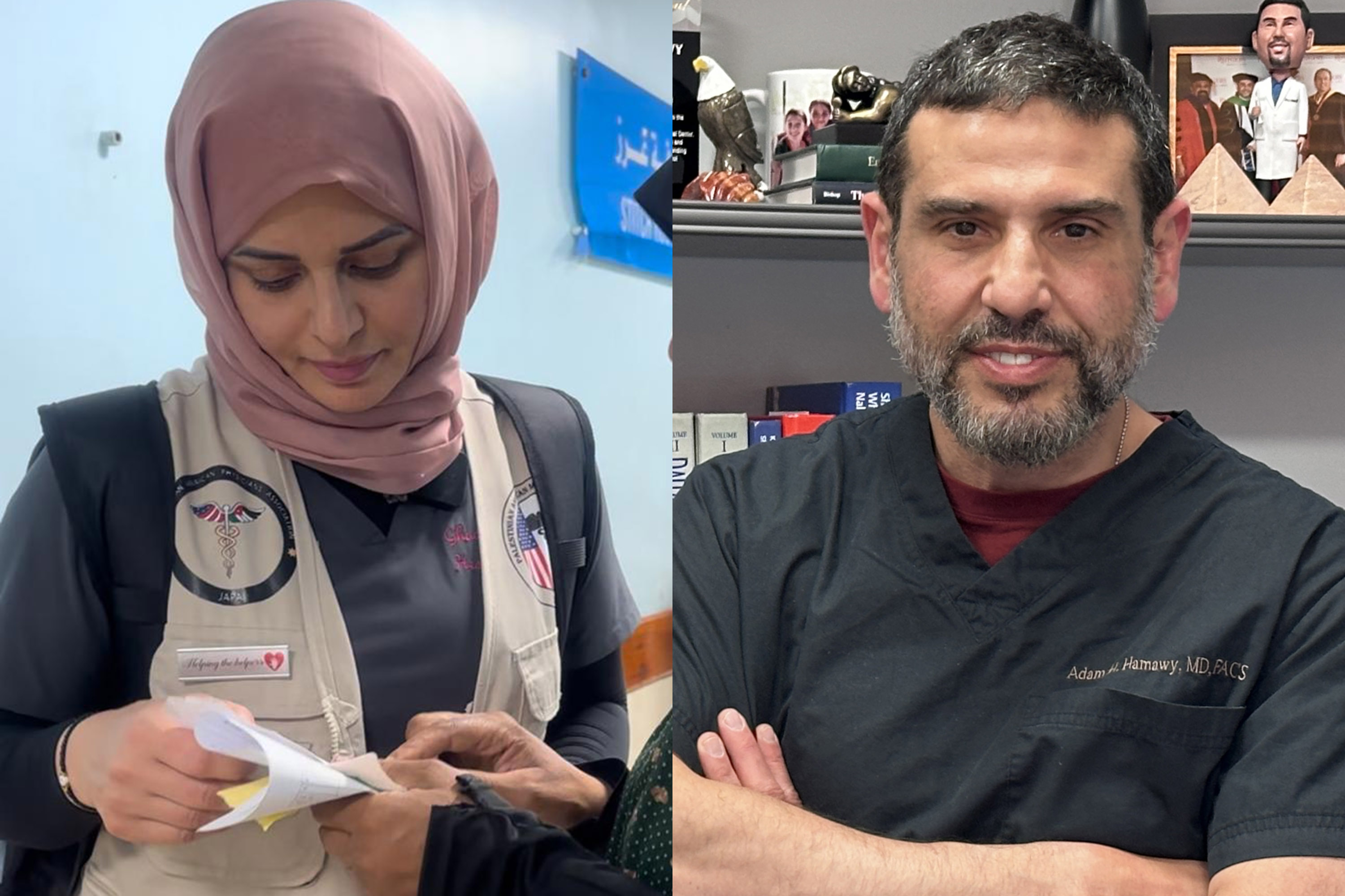 At left, Ghada Abukuwaik working at the pharmacy she helped establish in a hospital near Gaza. At right, Adam Hisham Hamawy in New York City shortly before departing for Gaza