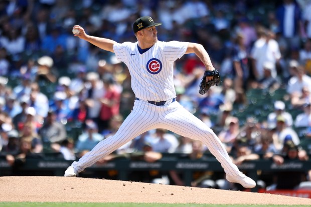 Chicago Cubs pitcher Jameson Taillon pitches during the first inning against the Pittsburgh Pirates at Wrigley Field on May 19, 2024. (Eileen T. Meslar/Chicago Tribune)