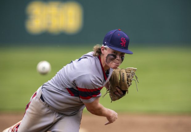 St. Rita's Peyton Panozzo delivers a pitch against Providence during a Catholic League Blue game in New Lenox on Saturday, May 4, 2024. (Vincent D. Johnson/for the Daily Southtown)