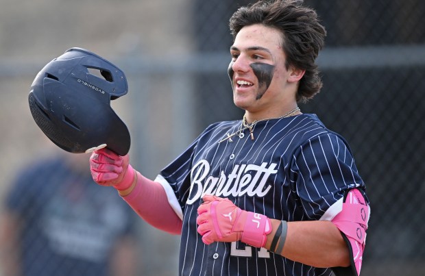 Bartlett's Josh Colaizzi (27) hit one out during the 6th inning of Wednesday's game at Streamwood, May 8, 2024. Bartlett won the game, 7-0. (Brian O'Mahoney for the The Courier-News)