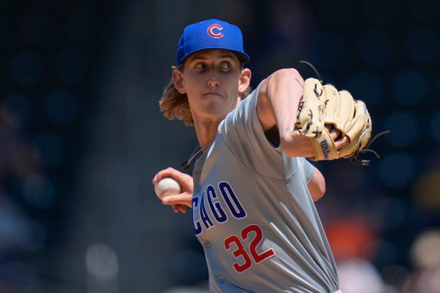 Cubs pitcher Ben Brown throws the first inning against the Mets on May 2, 2024, in New York. (Seth Wenig/AP)