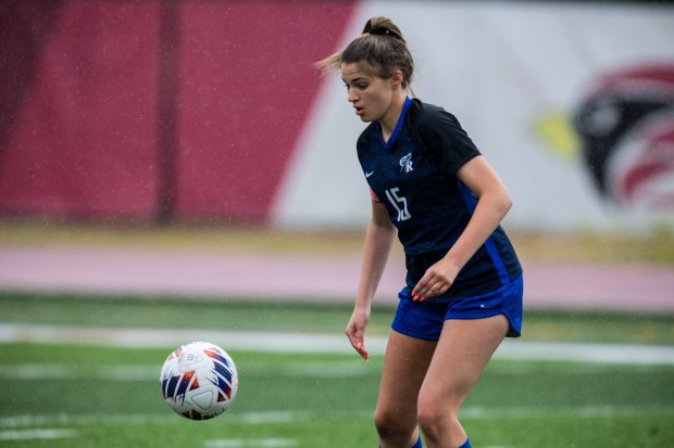 Burlington Central's Emersyn Fry (15) looks to control the ball against Burlington Central in the Class 2A third-place game in Naperville on Saturday, June 1, 2024. (Vincent D. Johnson/for the Beacon-News)