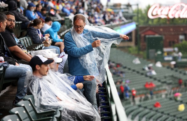 A fan prepares for more rain during a weather delay before a scheduled game between the Chicago Cubs and the Cincinnati Reds at Wrigley Field in Chicago on June 1, 2024. (Chris Sweda/Chicago Tribune)