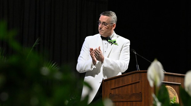 Paul Sally, New Trier Township High School District 203 superintendent, at the 124th annual New Trier Township High School commencement on June 2, 2024 at NOW Arena in Hoffman Estates. (Karie Angell Luc/Pioneer Press)