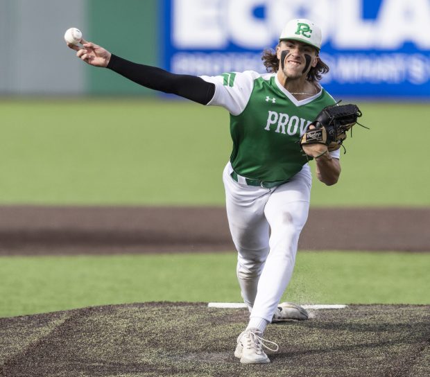 Providence's Cooper Eggert releases the ball against Edwardsville in the Class 4A state semifinals at Duly Health and Care Field in Joliet on Friday, June 7, 2024. (Vincent D. Johnson/for the Daily Southtown)