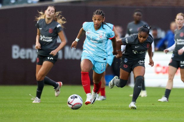 Chicago Red Stars midfielder Chicago Red Stars midfielder Leilanni Nesbeth (13) brings the ball up during their game against Bay FC at Wrigley Field on June 8, 2024. (Eileen T. Meslar/Chicago Tribune)