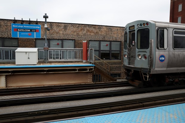 A Brown Line CTA train arrives at the Irving Park station in the North Center neighborhood on Jan. 31, 2024. A new day pass for CTA, Metra and Pace users to pay for rides across all three systems. (Eileen T. Meslar/Chicago Tribune)