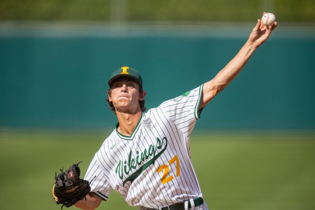 Illiana Christian's Tanner Post (27) delivers a pitch against Providence in the Class 2A state championship game against Providence in Indianapolis on Saturday, June 15, 2024. (Vincent D. Johnson/for the Post-Tribune)