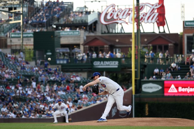 Chicago Cubs starting pitcher Justin Steele delivers to the San Francisco Giants in the first inning of a game at Wrigley Field in Chicago on June 18, 2024. (Chris Sweda/Chicago Tribune)