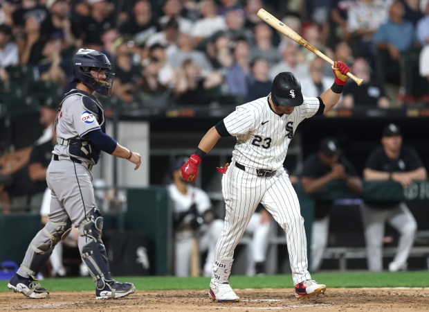 Chicago White Sox left fielder Andrew Benintendi throws his bat to the ground as he pops out in the sixth inning of a game against the Houston Astros at Guaranteed Rate Field in Chicago on June 19, 2024. (Chris Sweda/Chicago Tribune)