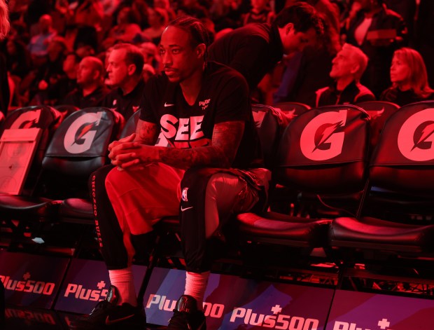 Bulls forward DeMar DeRozan sits on the bench before the start of the game against the Warriors at the United Center on Jan. 12, 2024. (John J. Kim/Chicago Tribune)