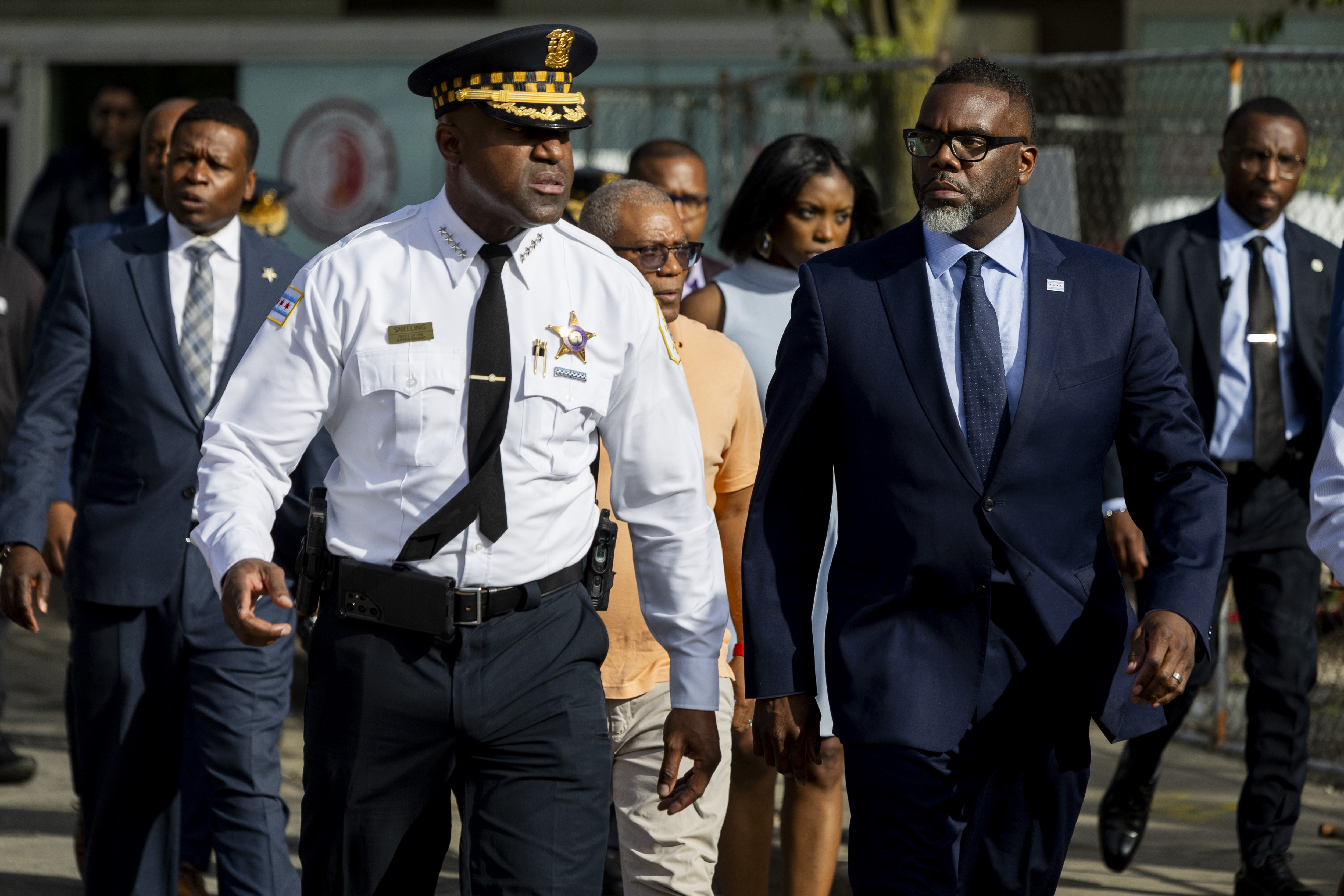 Chicago police Superintendet Larry Snelling and Mayor Brandon Johnson walk...