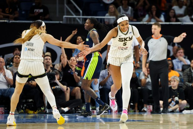 Chicago Sky forward Angel Reese (5) celebrates after stealing the ball and scoring during the game against the Dallas Wings at Wintrust Arena on June 20, 2024. (Eileen T. Meslar/Chicago Tribune)