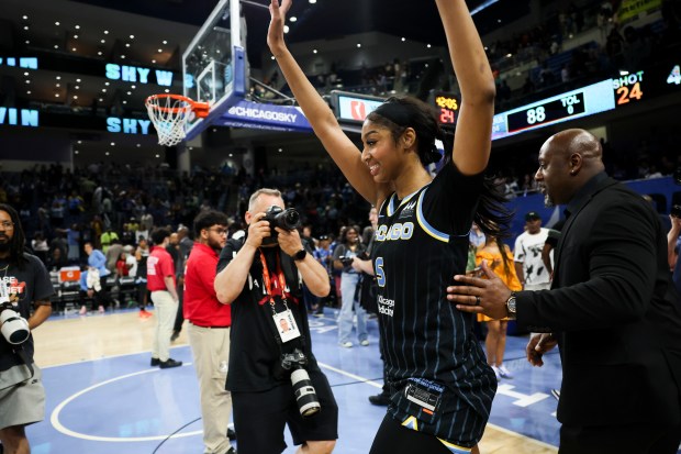 Chicago Sky forward Angel Reese (5) waves to the crowd after defeating the Indiana Fever 88-87 at Wintrust Arena on June 23, 2024. (Eileen T. Meslar/Chicago Tribune)