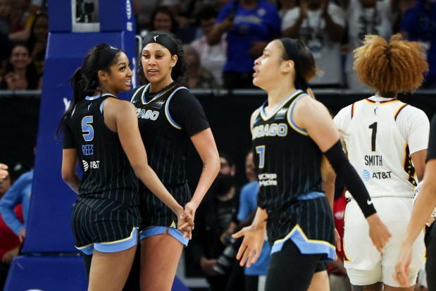 Chicago Sky forward Angel Reese (5) and Chicago Sky center Kamilla Cardoso (10) celebrate a foul on the Indiana Fever during their game at Wintrust Arena on June 23, 2024. (Eileen T. Meslar/Chicago Tribune)