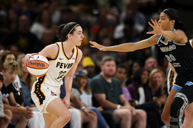 Chicago Sky forward Isabelle Harrison (20) guards Indiana Fever guard Caitlin Clark (22) during the game at Wintrust Arena on June 23, 2024. (Eileen T. Meslar/Chicago Tribune)