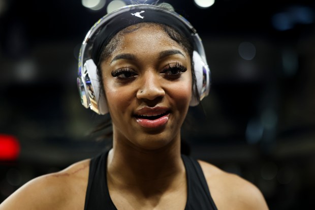 Chicago Sky forward Angel Reese answers questions before the game against the Indiana Fever at Wintrust Arena on June 23, 2024. (Eileen T. Meslar/Chicago Tribune)