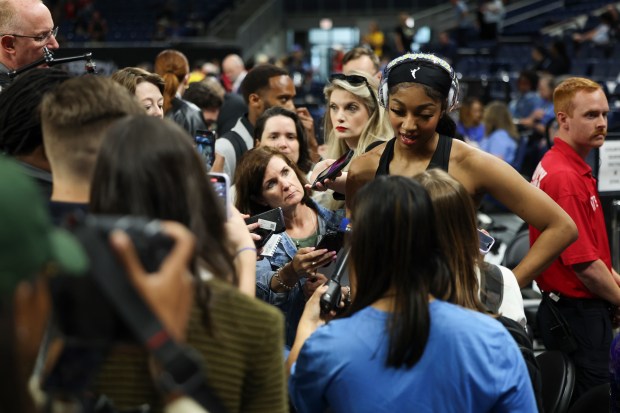 Chicago Sky forward Angel Reese answers questions before the game against the Indiana Fever at Wintrust Arena on June 23, 2024. (Eileen T. Meslar/Chicago Tribune)