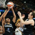 Chicago Sky forward Angel Reese (5) and guard Marina Mabrey (4) battle Indiana Fever forward Aliyah Boston (7) and Indiana Fever forward NaLyssa Smith (1) for a rebound during the game at Wintrust Arena on June 23, 2024. (Eileen T. Meslar/Chicago Tribune)