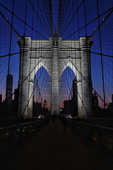 Blue Hour over the Brooklyn Bridge from the pedestrian walkway, New York City