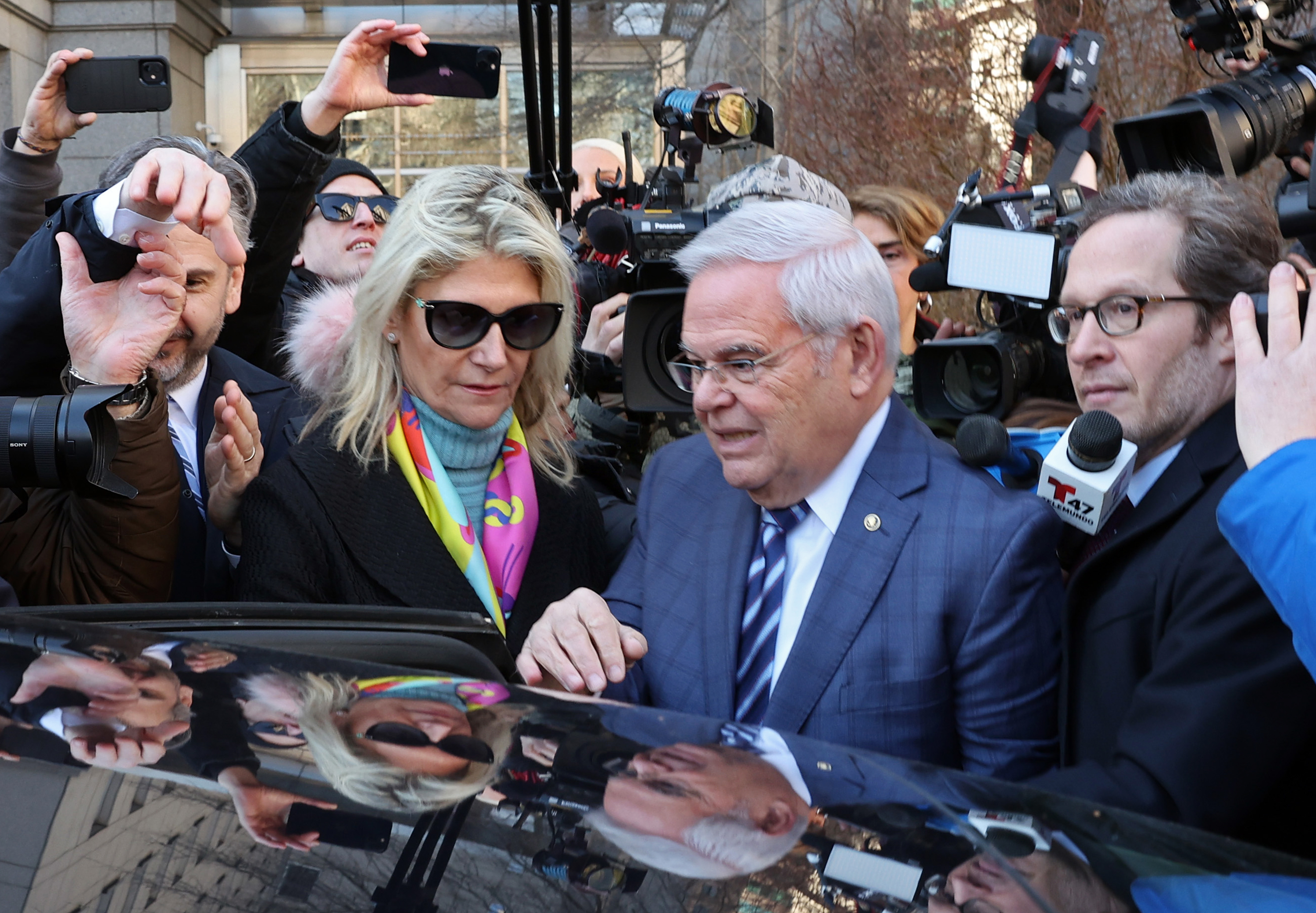 Senator Bob Menendez and his wife Nadine Menendez depart a Manhattan court following an arraignment on March 11, 2024. The trial is ongoing.