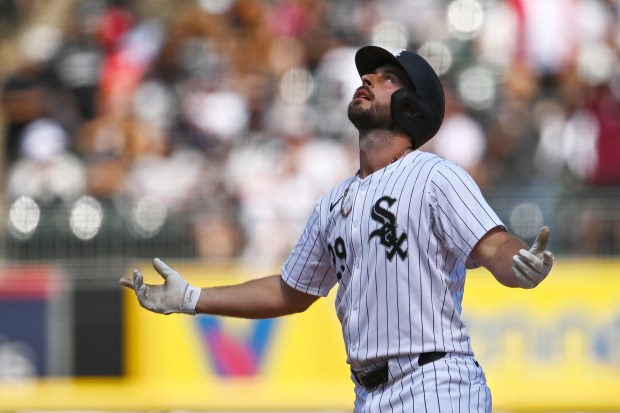 Paul DeJong of the White Sox reacts after a ground-rule double in the sixth inning against the Red Sox at Guaranteed Rate Field on June 9, 2024. (Quinn Harris/Getty Images)