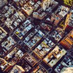 An aerial view of NYC buildings.