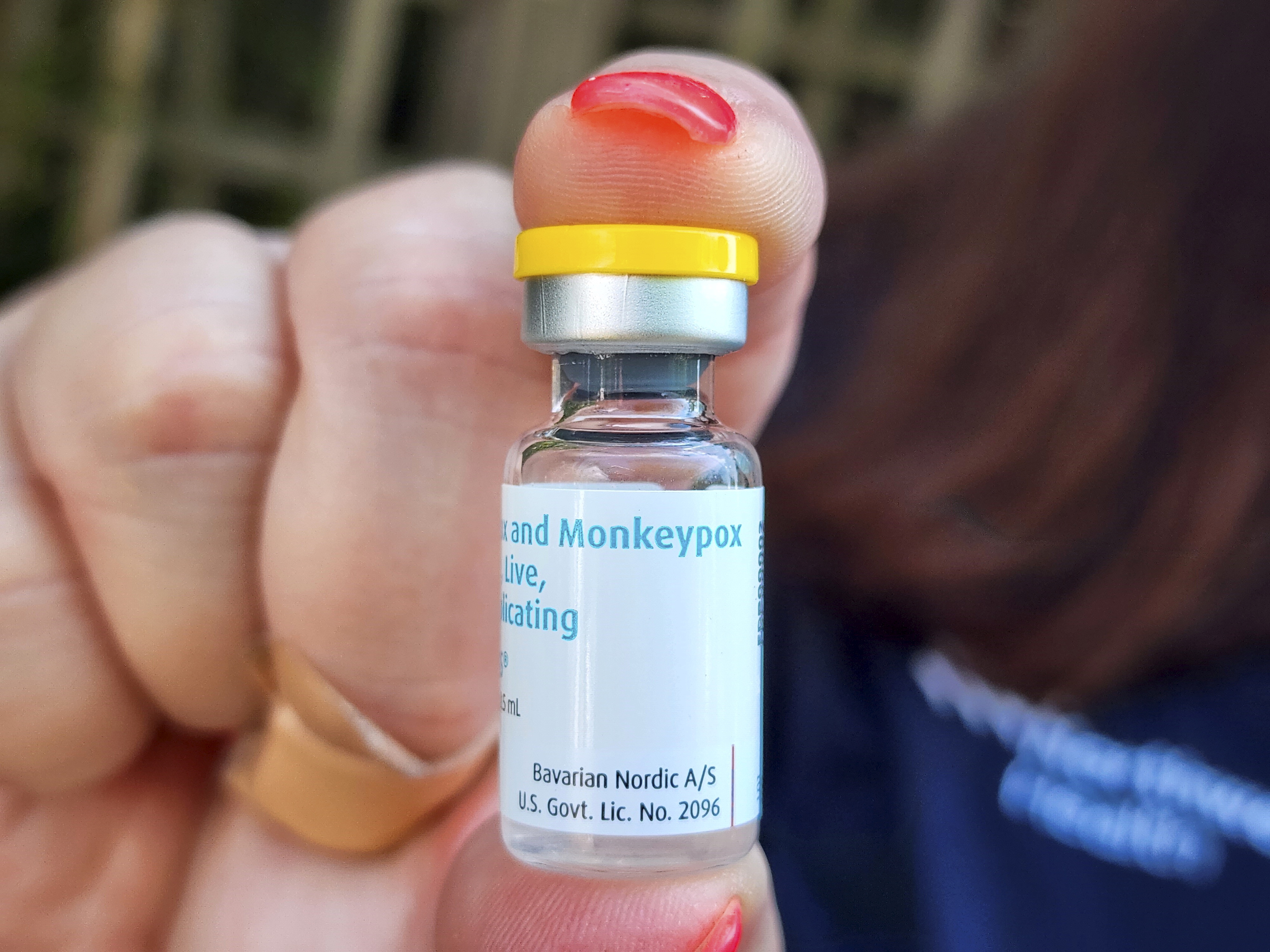 A vial of the Monkeypox vaccine is displayed by a medical professional at vaccination site at the Northwell Health offices at Cherry Grove on Fire Island, New York on July 13, 2022.