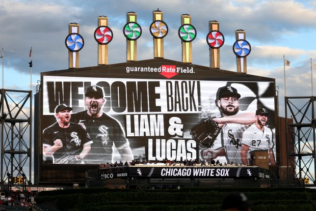 A video tribute is played as Red Sox pitchers Liam Hendriks and Lucas Giolito are welcomed back to Chicago during a break in the second inning of a game against the White Sox on June 6, 2024, at Guaranteed Rate Field. (Chris Sweda/Chicago Tribune)