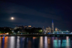 Moon over Lower Manhattan just after twilight.