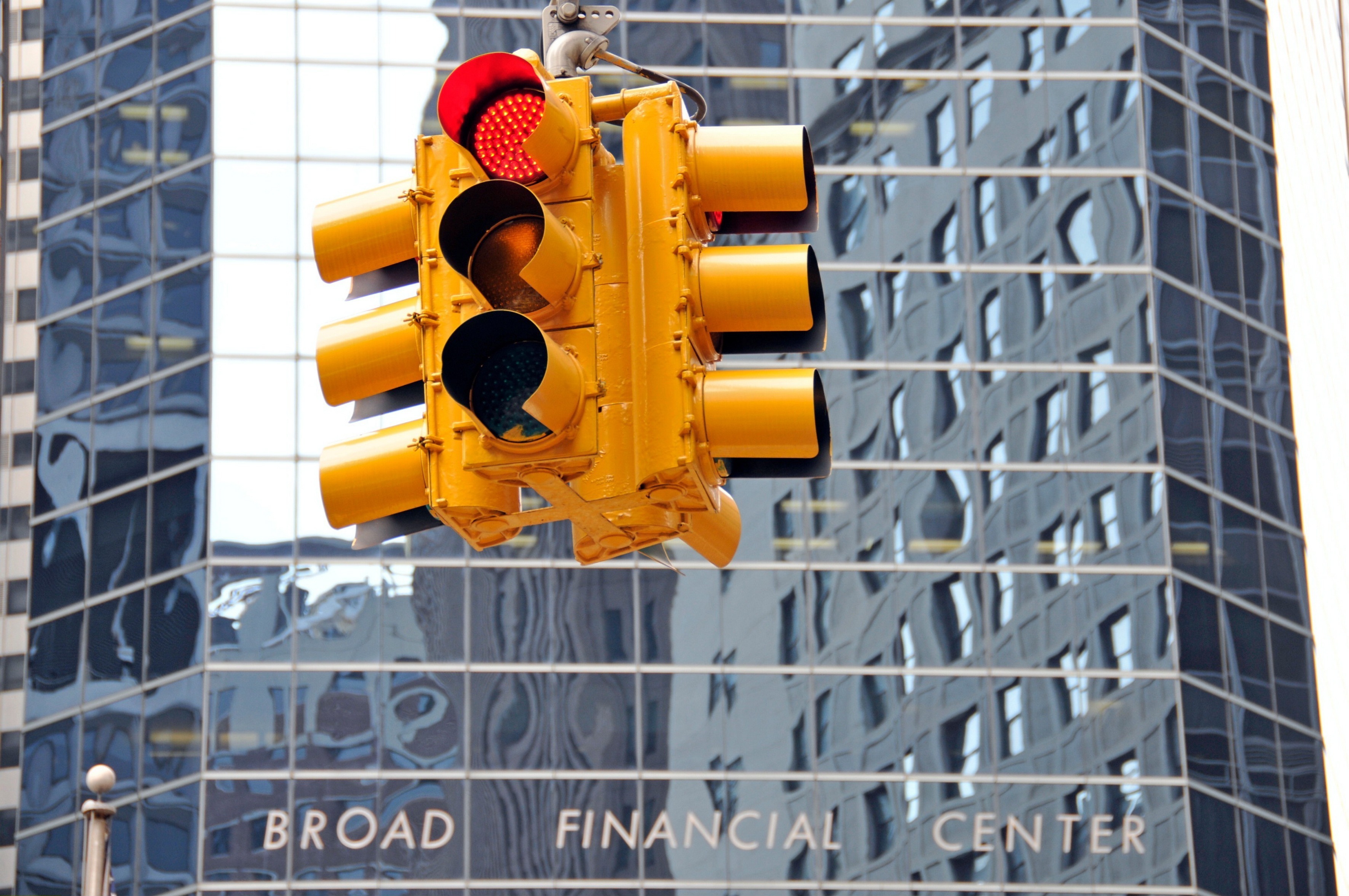 A red stoplight in lower Manhattan.