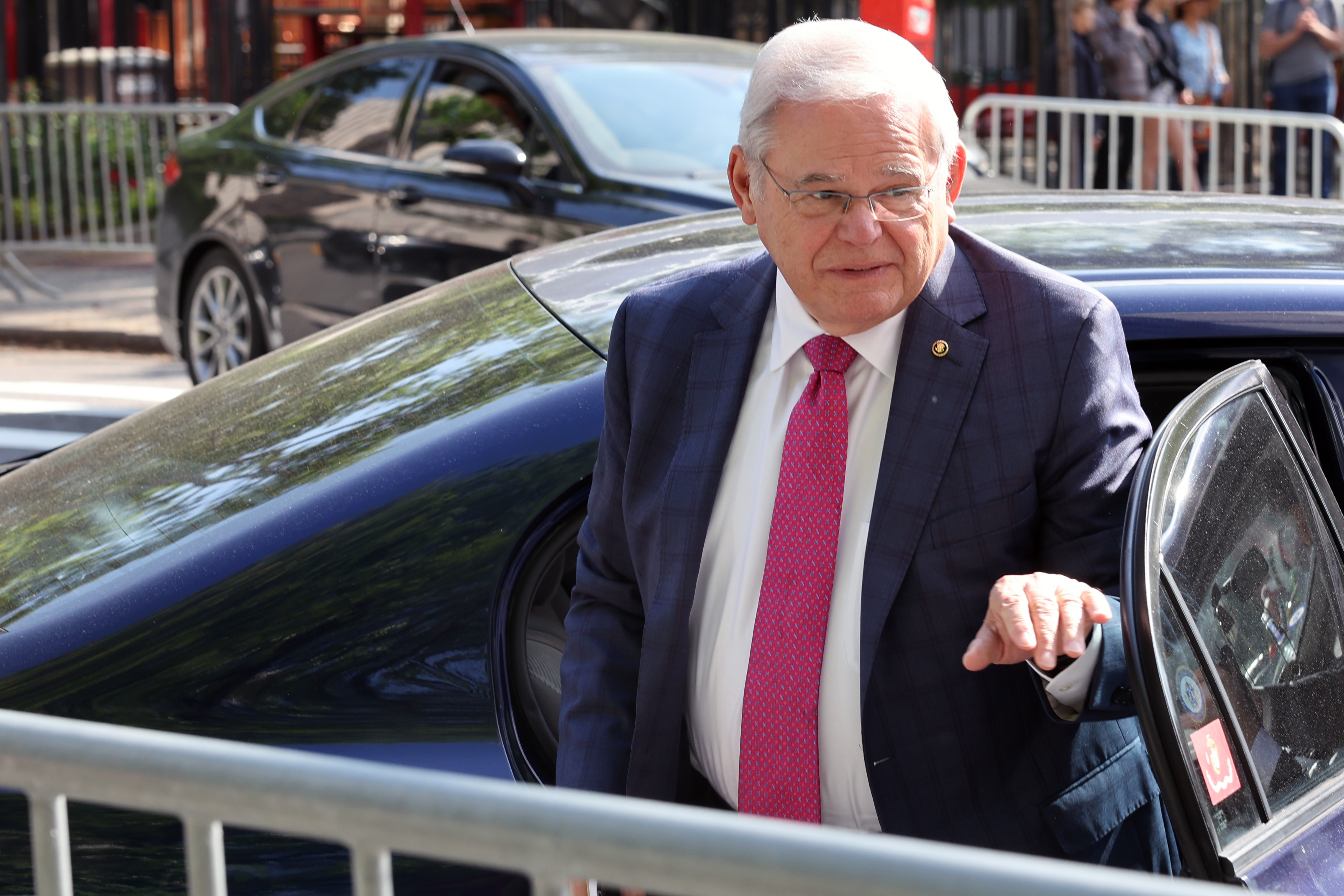 U.S. Sen. Robert Menendez (D-NJ) arrives at federal court on May 21, 2024.