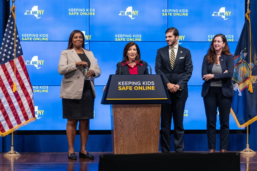 New York Gov. Kathy Hochul speaks at a press conference in support of proposals to restrict social media's influence on children on Oct. 11, 2023 at the United Federation of Teachers headquarters.