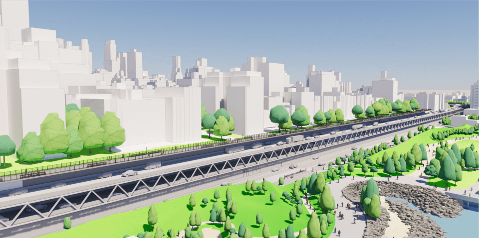 A 3-D rendering of a highway near a skyline.