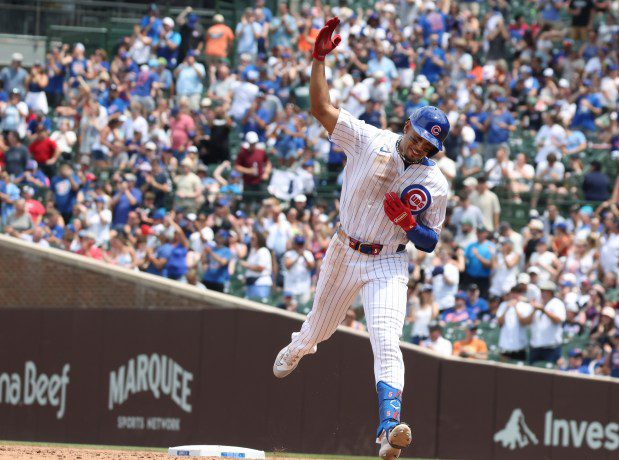 Cubs third baseman Christopher Morel rounds the bases after hitting a home run in the third inning against the Mets at Wrigley Field on June 22, 2024, in Chicago. (John J. Kim/Chicago Tribune)