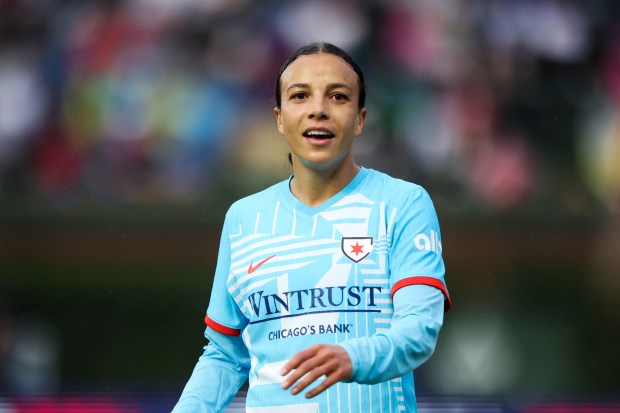 Chicago Red Stars forward Mallory Swanson speaks to the referee during a match against Bay FC on June 8, 2024, at Wrigley Field. (Eileen T. Meslar/Chicago Tribune)