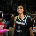 Chicago Sky forward Angel Reese (5) is interviewed by Holly Rowe after defeating the Indiana Fever 88-87 at Wintrust Arena on June 23, 2024. (Eileen T. Meslar/Chicago Tribune)