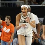 Chicago Sky forward Angel Reese (5) celebrates after stealing the ball and scoring during the game against the Dallas Wings at Wintrust Arena on June 20, 2024. (Eileen T. Meslar/Chicago Tribune)