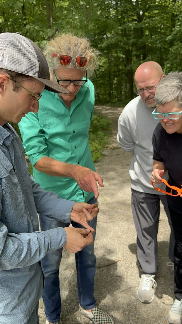 From left, Cody Banks, project amnager for Shirley Heinze Land Trust, talks about cicadas on a hike through Meadowbrook Nature Preserve with Christopher Lods of Michgian City, Bill Blaszak of Valparaiso, and Julie Polizotto of Valparaiso on Saturday, June 8, 2024. (Deena Lawley-Dixon/for Post-Tribune)