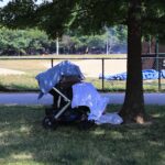 A baby stroller under the shade of a tree in a park with cloths over it to keep the baby cool in hot weather.