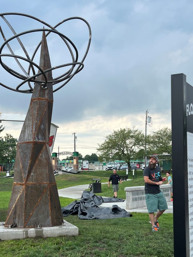 Valparaiso artist Chad Copeland helps unveil his latest steel sculpture at Flounder and Friends Skate Park on Thursday, June 13, 2024. (Philip Potempa/for Post-Tribune)