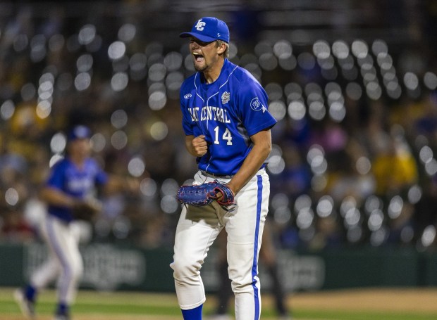 Lake Central's Blake Sivak (14) reacts after the Indians got the third out against Mooresville in the ninth-inning of the Class 4A state championship game in Indianapolis on Saturday, June 15, 2024. (Vincent D. Johnson/for the Post-Tribune)